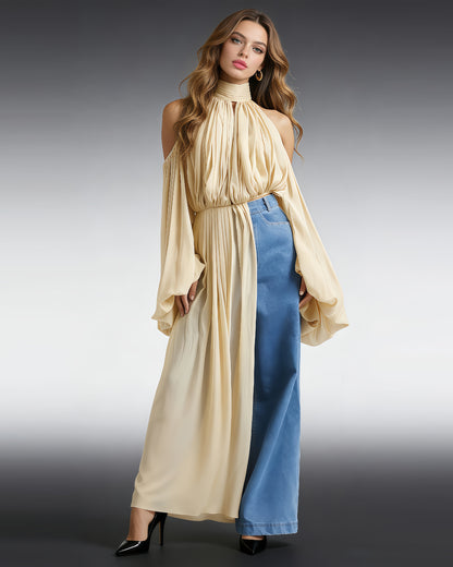 Apricot Halter Cold-Shoulder Draped Cropped Top