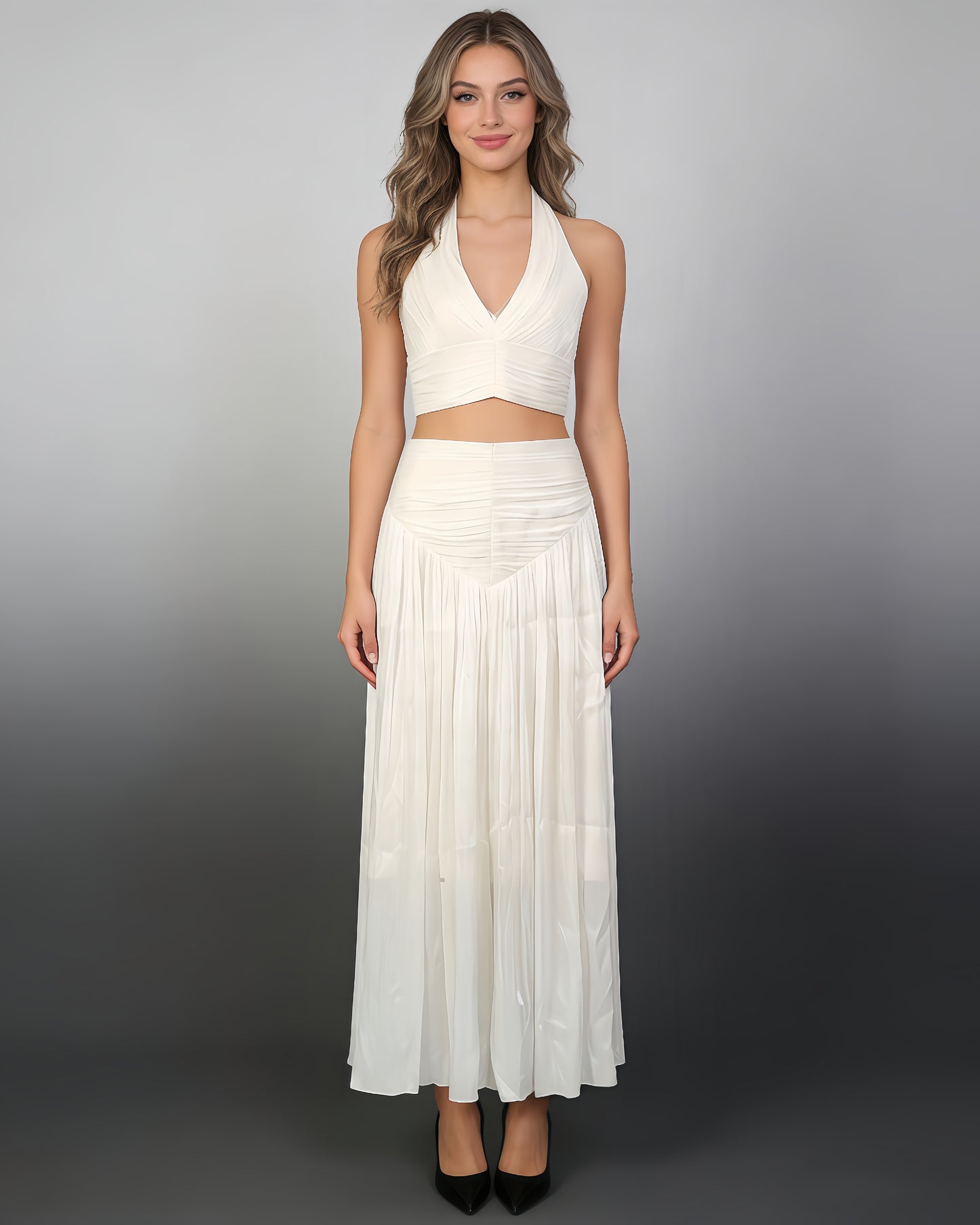 Apricot Halter Cutout Ruched Maxi Dress Set