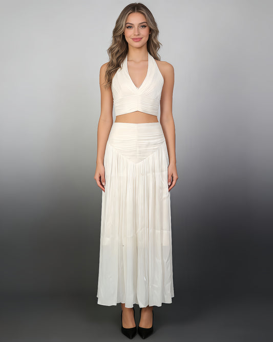 Apricot Halter Cutout Ruched Maxi Dress Set