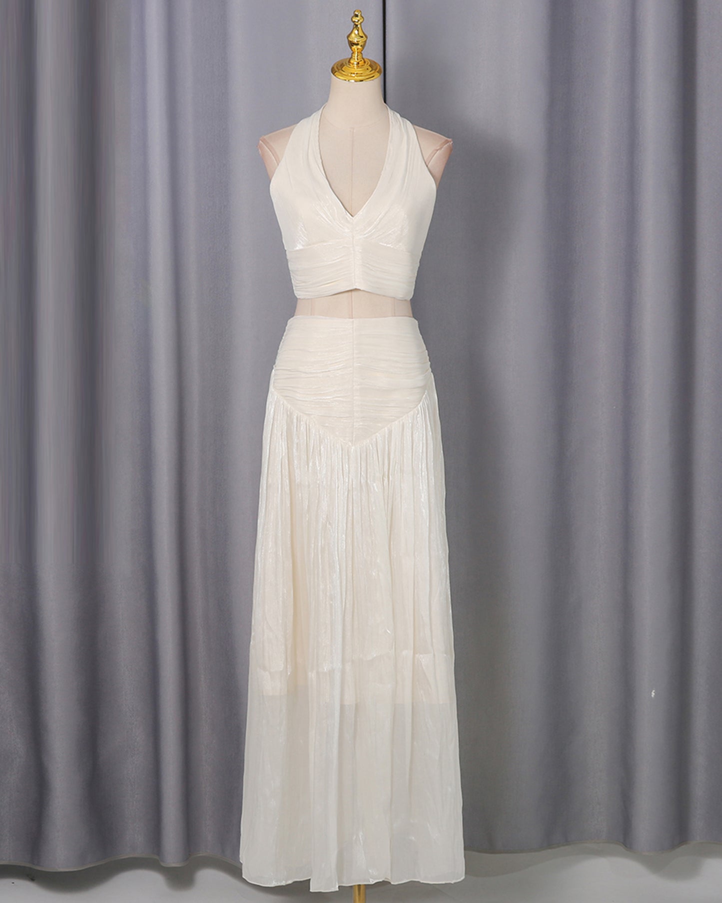 Apricot Halter Cutout Ruched Maxi Dress Set