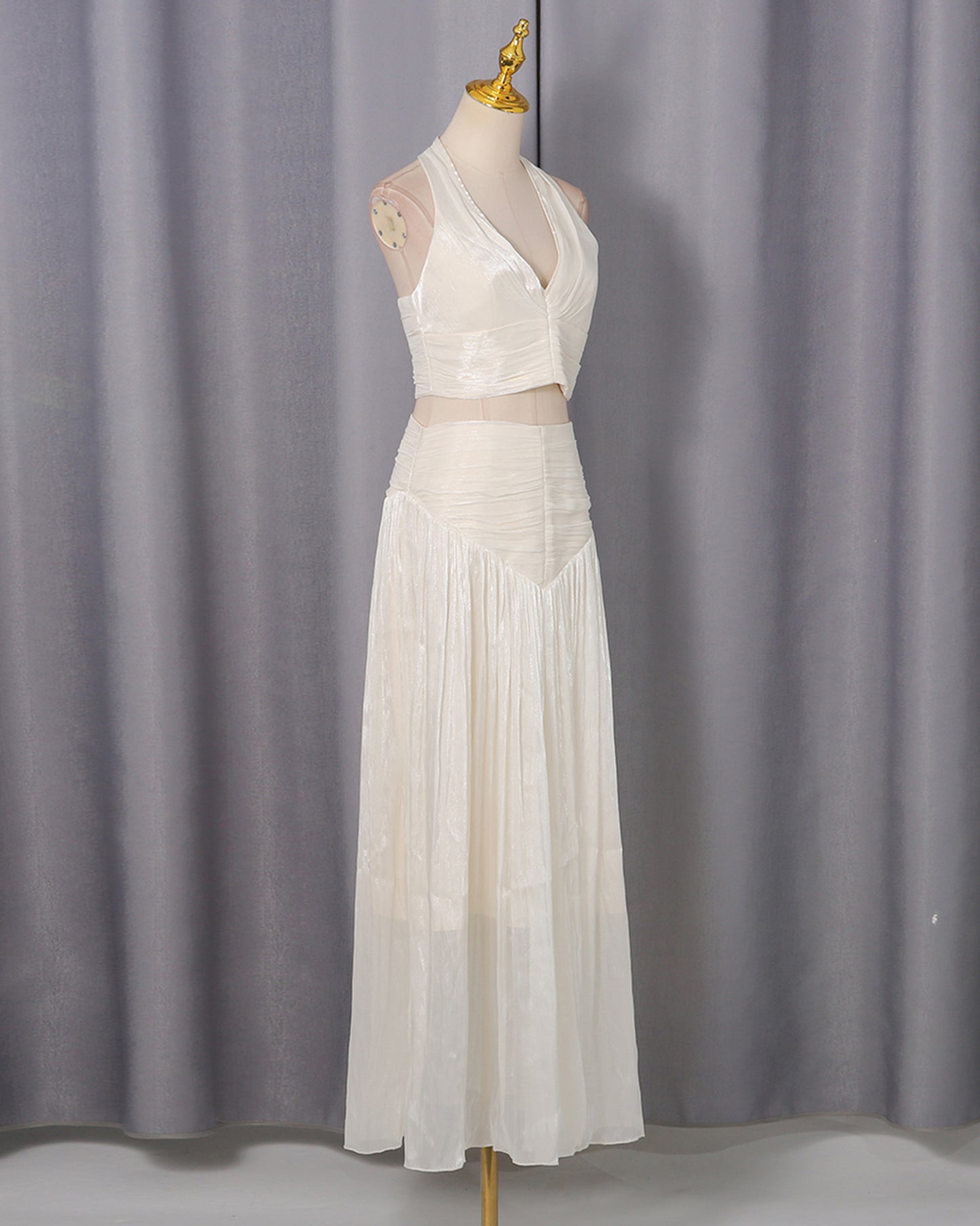 Apricot Halter Cutout Ruched Maxi Dress Set