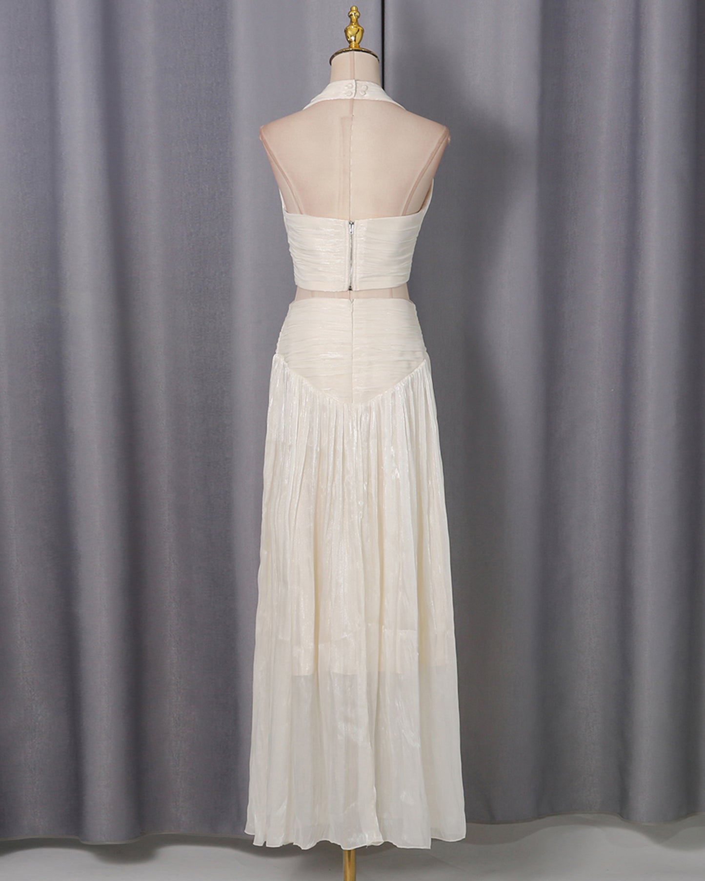 Apricot Halter Cutout Ruched Maxi Dress Set