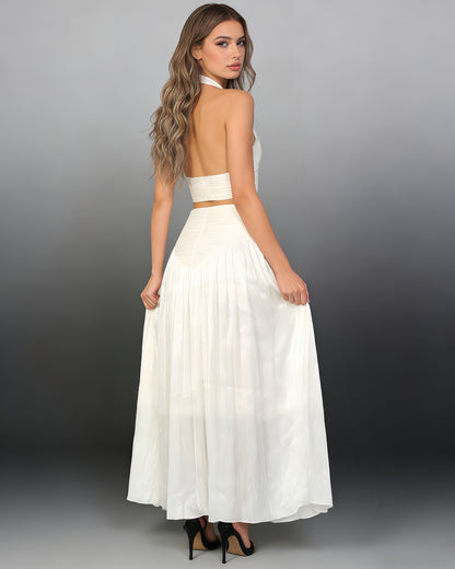 Apricot Halter Cutout Ruched Maxi Dress Set