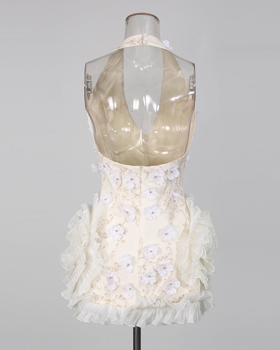 Apricot Halter Deep V 3D Floral Ruffle Mini Dress
