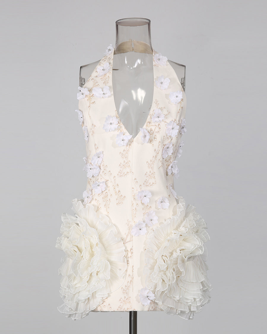 Apricot Halter Deep V 3D Floral Ruffle Mini Dress