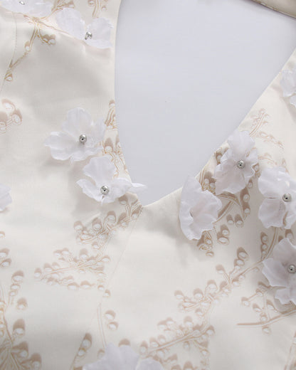 Apricot Halter Deep V 3D Floral Ruffle Mini Dress
