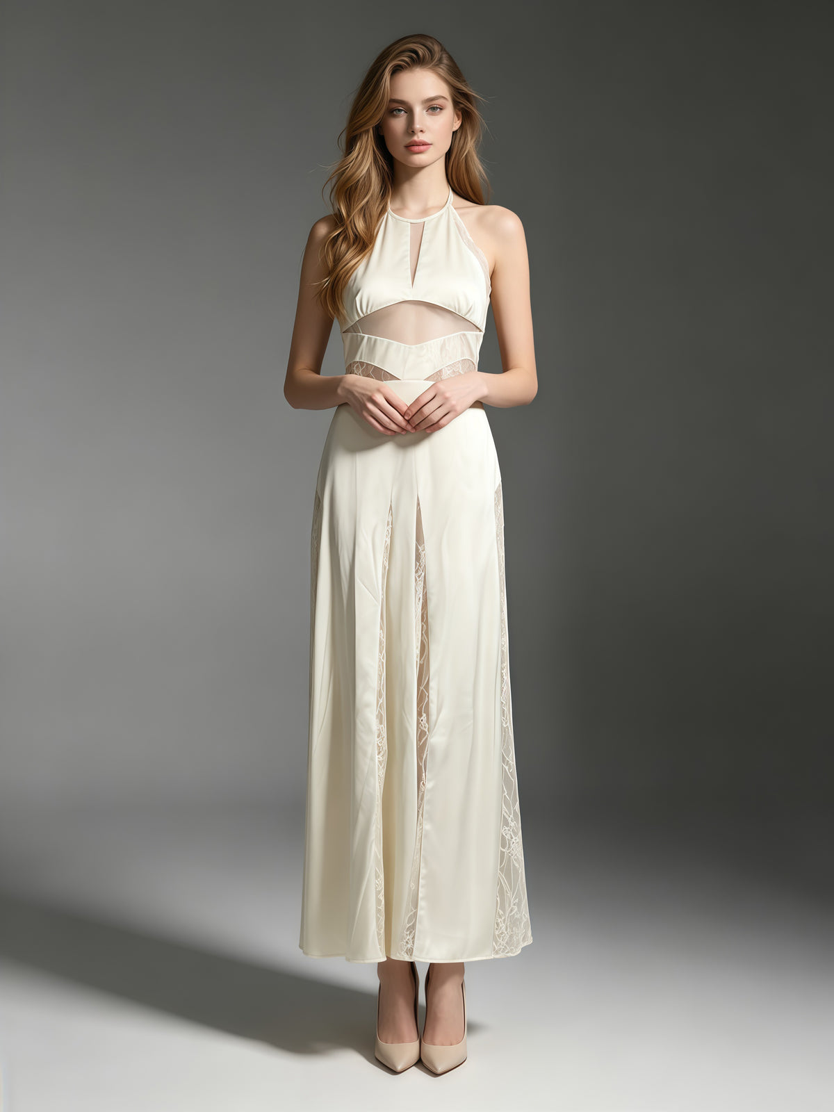Apricot Halter Lace Cutout Maxi Dress