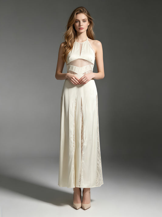 Apricot Halter Lace Cutout Maxi Dress