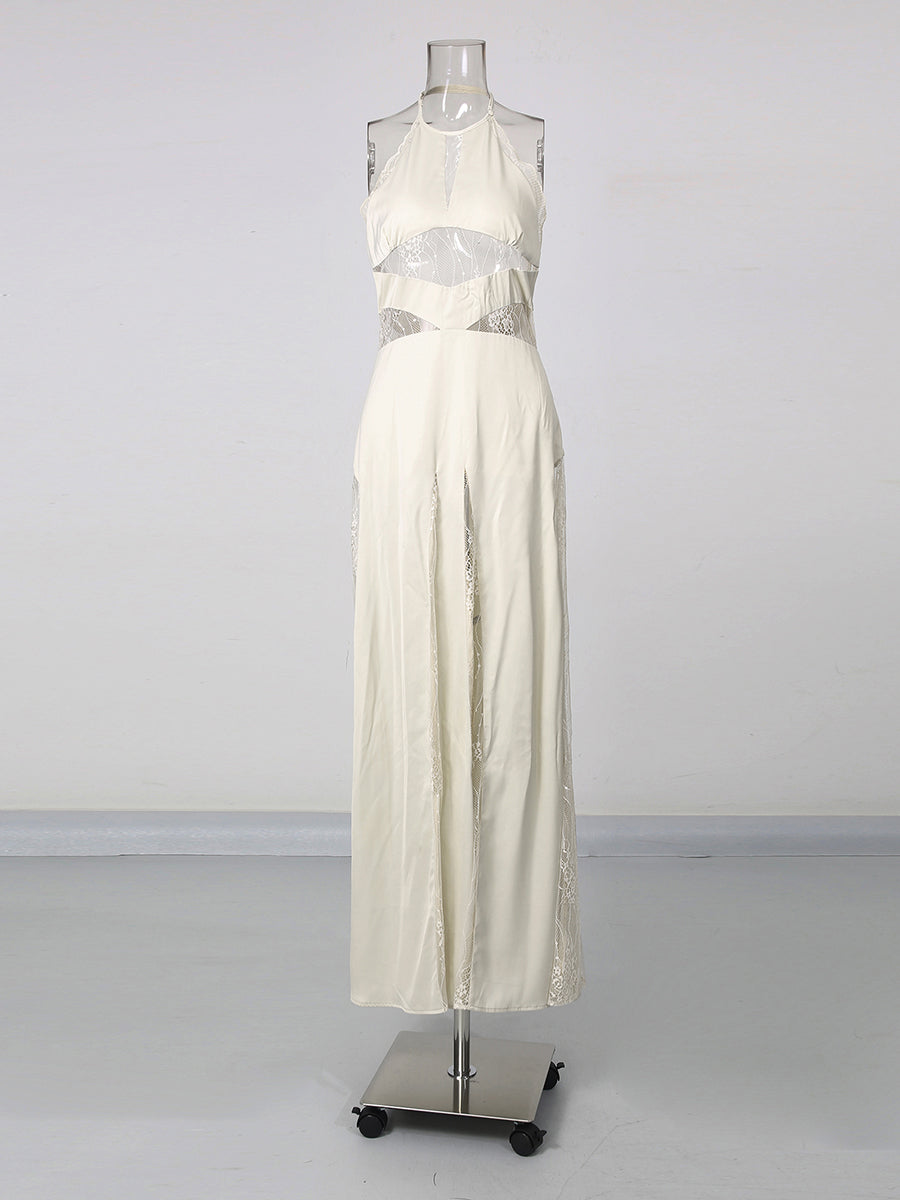 Apricot Halter Lace Cutout Maxi Dress