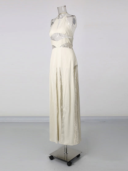 Apricot Halter Lace Cutout Maxi Dress