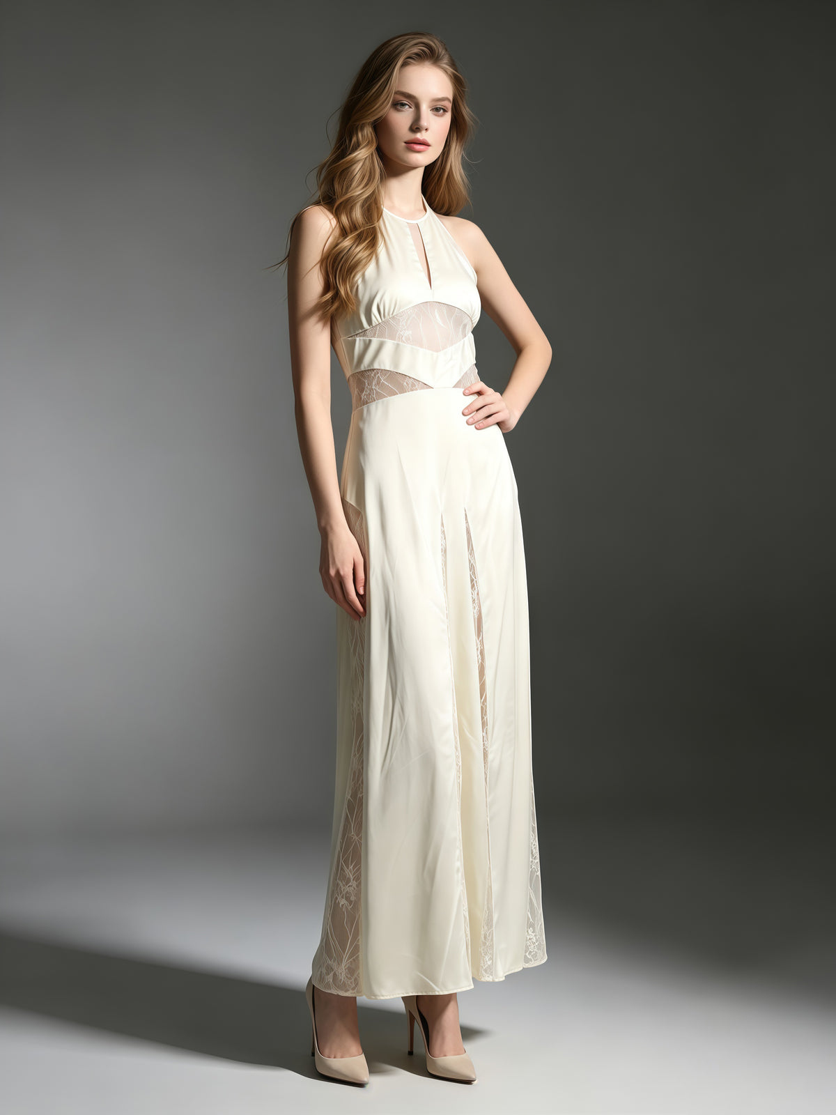 Apricot Halter Lace Cutout Maxi Dress