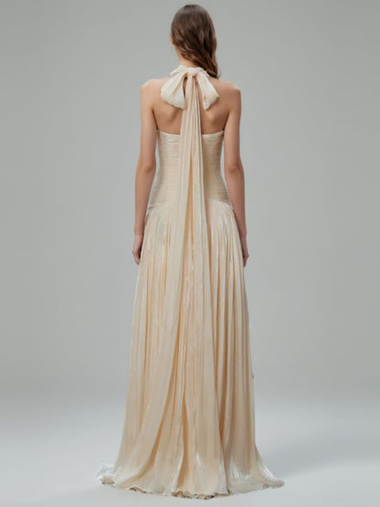 Apricot Halter Neck Ruched Maxi Dress with Side Slit
