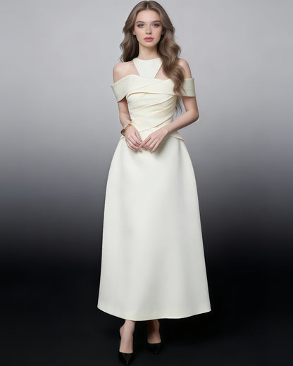 Apricot Halter Off-Shoulder Ruched Maxi Dress