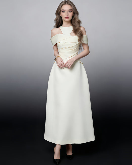 Apricot Halter Off-Shoulder Ruched Maxi Dress