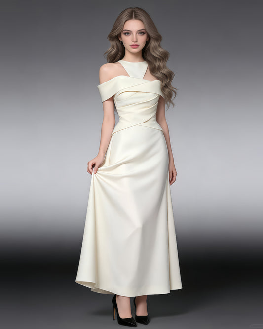 Apricot Halter Off-Shoulder Ruched Maxi Dress