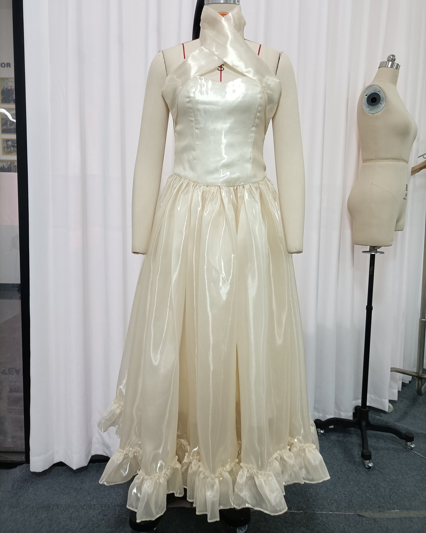 Apricot Halter Ruffled Organza Maxi Dress