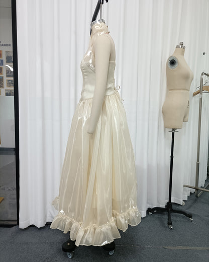 Apricot Halter Ruffled Organza Maxi Dress