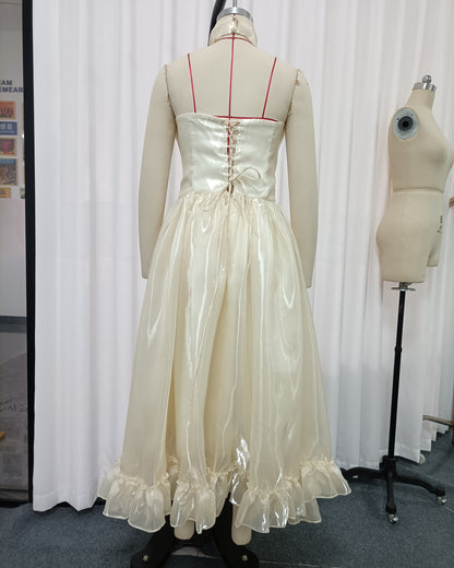 Apricot Halter Ruffled Organza Maxi Dress