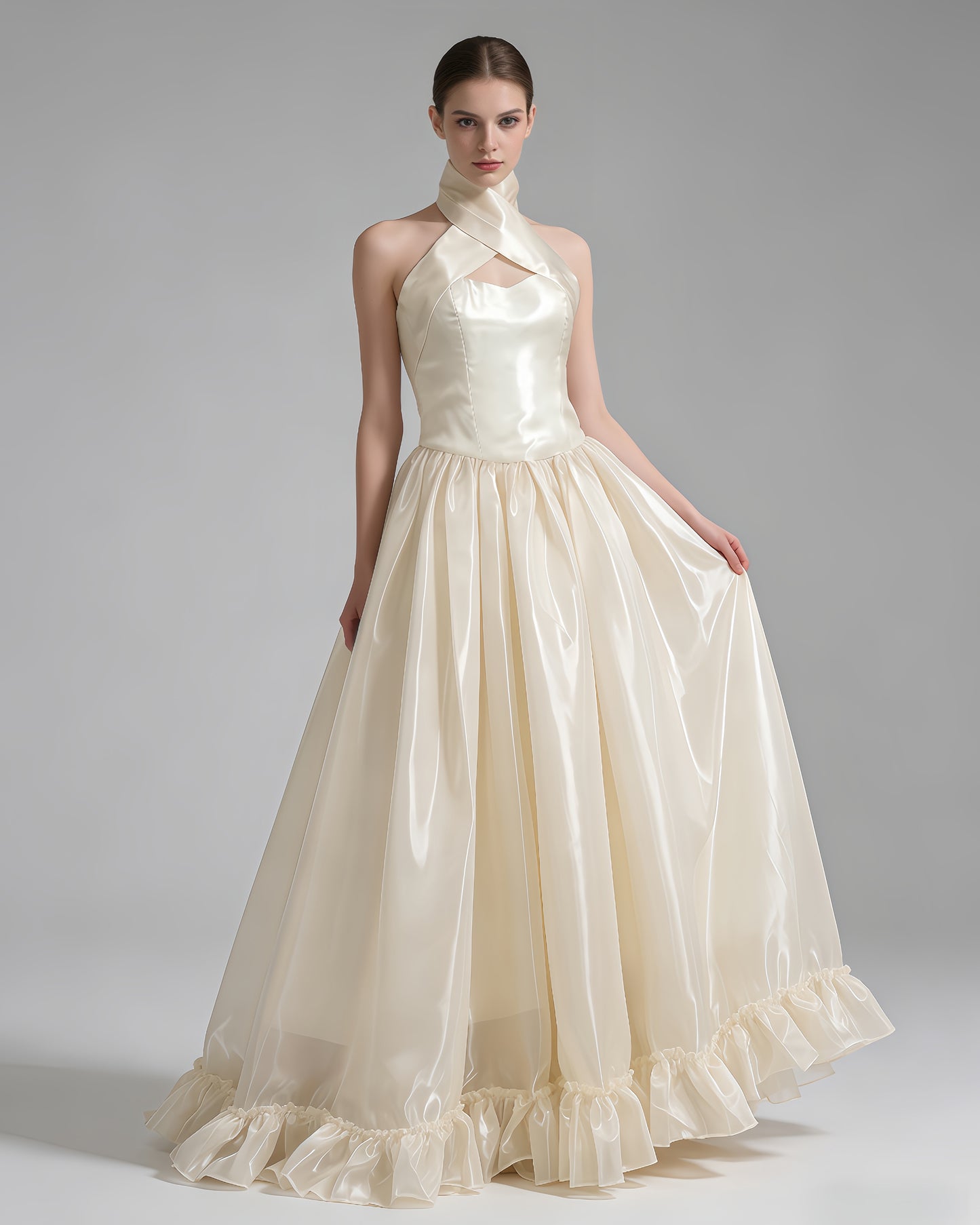 Apricot Halter Ruffled Organza Maxi Dress