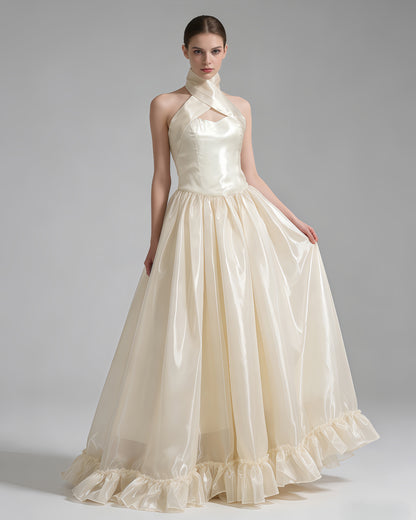Apricot Halter Ruffled Organza Maxi Dress
