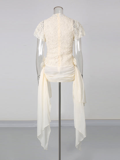 Apricot High Neck Short Sleeve Lace Irregular Dress