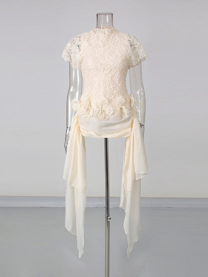 Apricot High Neck Short Sleeve Lace Irregular Dress