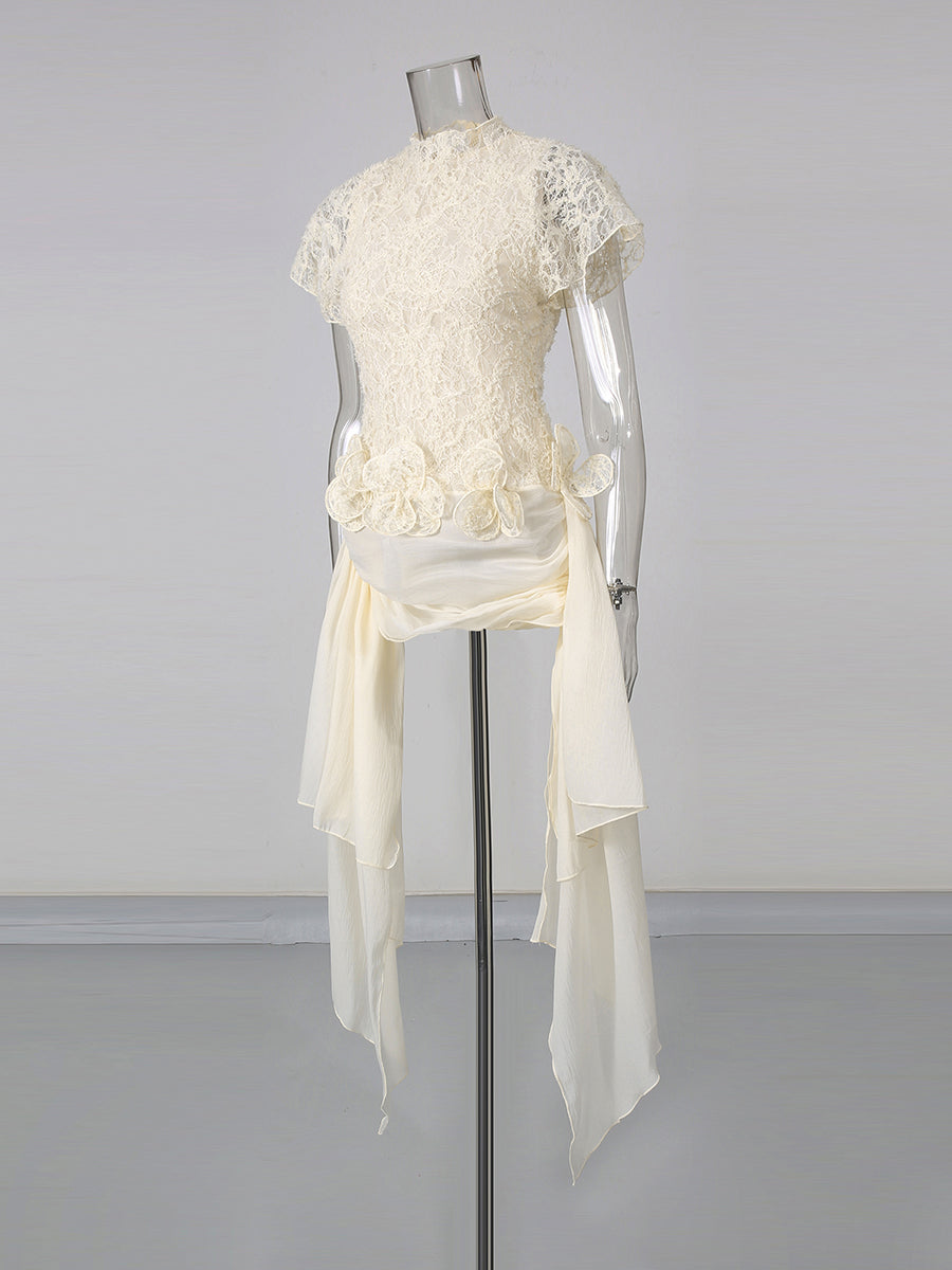 Apricot High Neck Short Sleeve Lace Irregular Dress