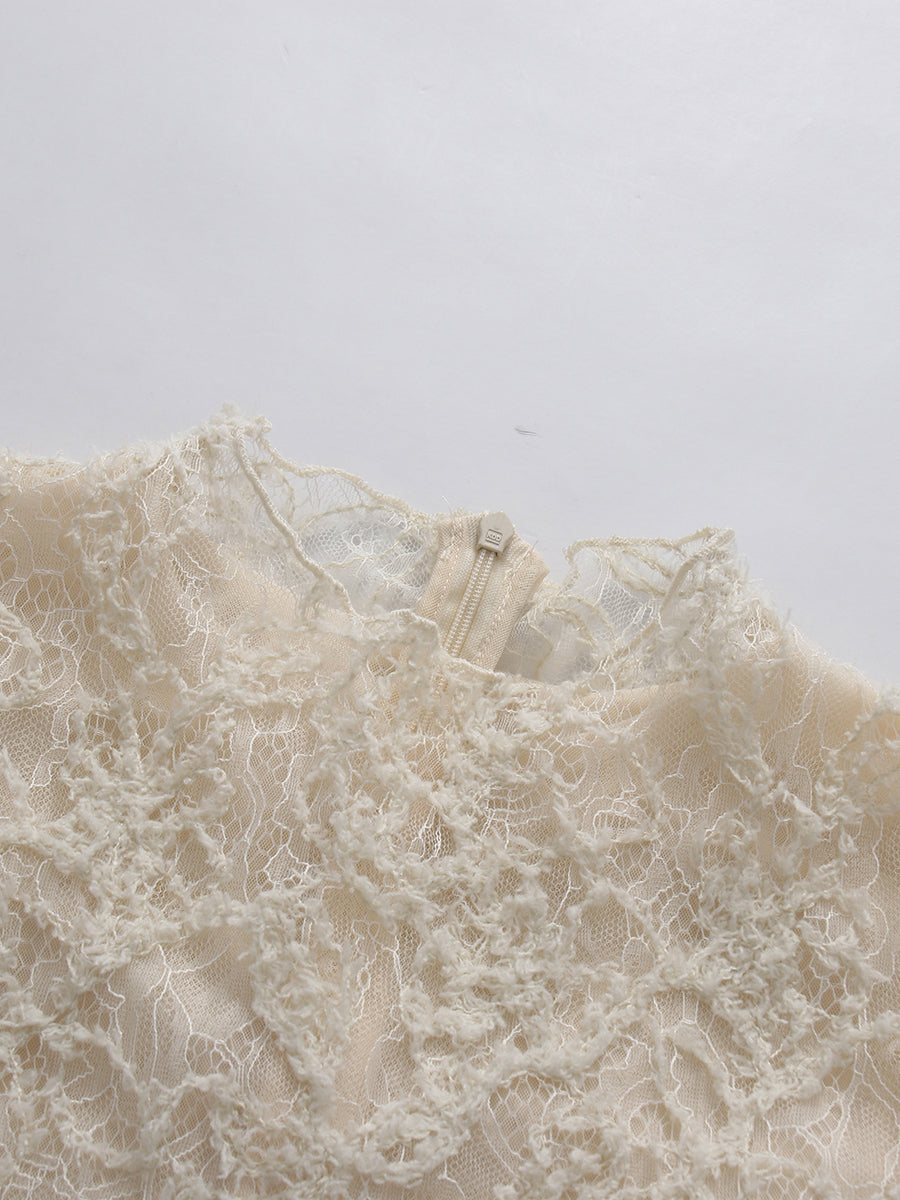 Apricot High Neck Short Sleeve Lace Irregular Dress