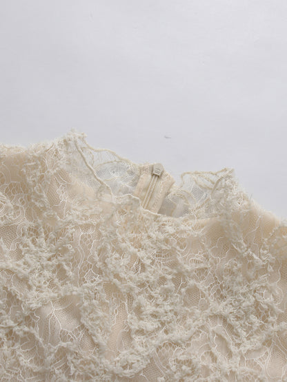 Apricot High Neck Short Sleeve Lace Irregular Dress