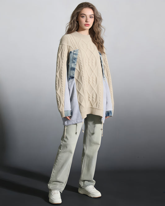 Apricot Knit Sweater with Denim & Sweatshirt Paneling