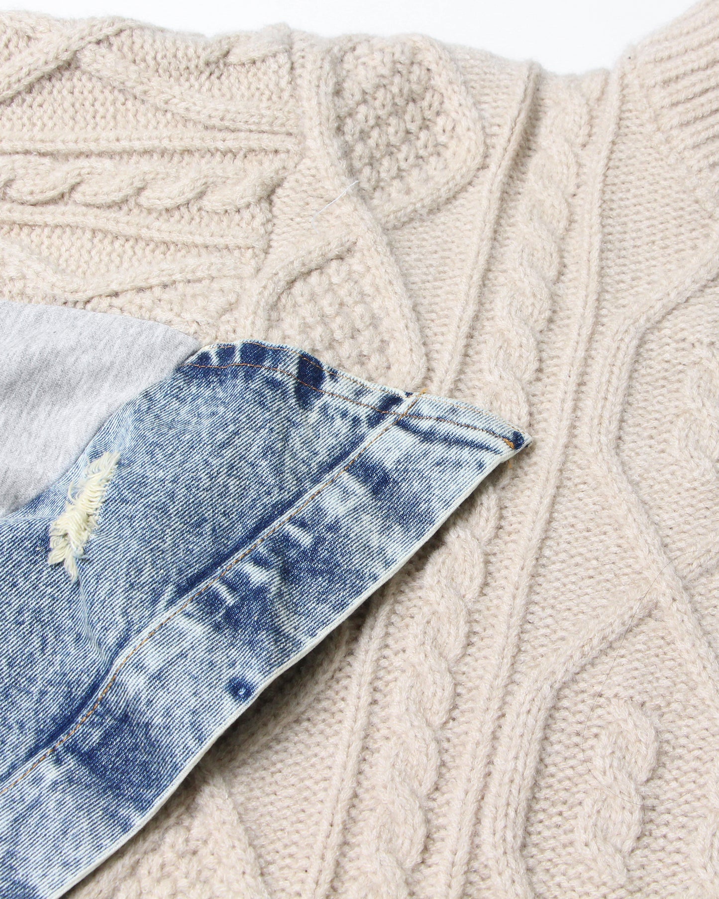 Apricot Knit Sweater with Denim & Sweatshirt Paneling