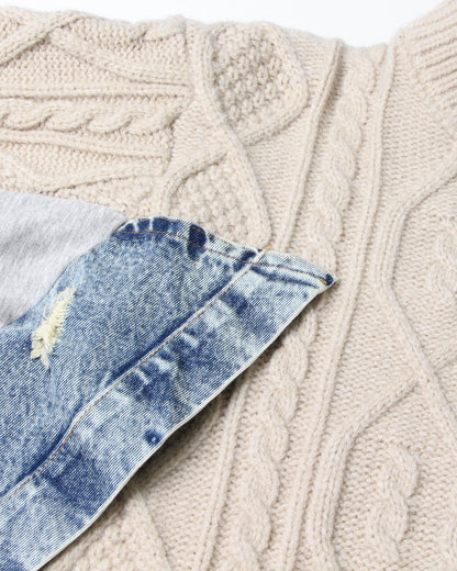 Apricot Knit Sweater with Denim & Sweatshirt Paneling