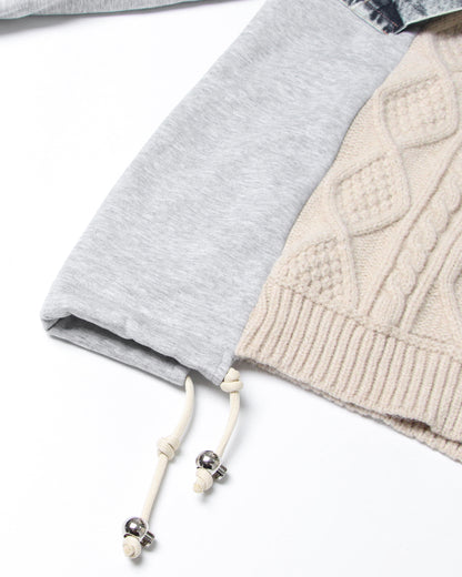 Apricot Knit Sweater with Denim & Sweatshirt Paneling