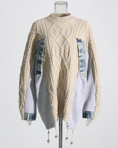 Apricot Knit Sweater with Denim & Sweatshirt Paneling