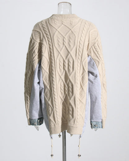 Apricot Knit Sweater with Denim & Sweatshirt Paneling