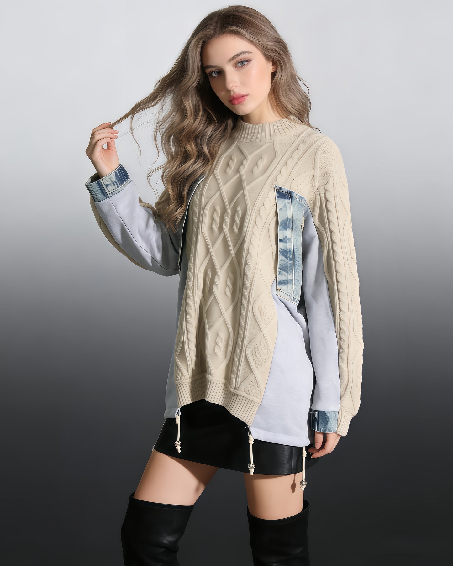 Apricot Knit Sweater with Denim & Sweatshirt Paneling