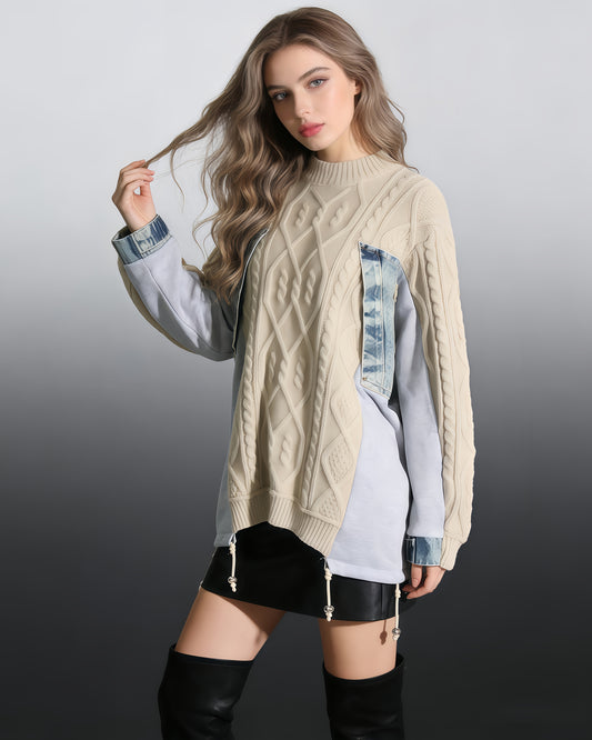 Apricot Knit Sweater with Denim & Sweatshirt Paneling