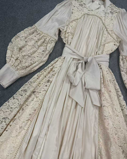 Apricot Lace Beaded Belted Maxi Dress