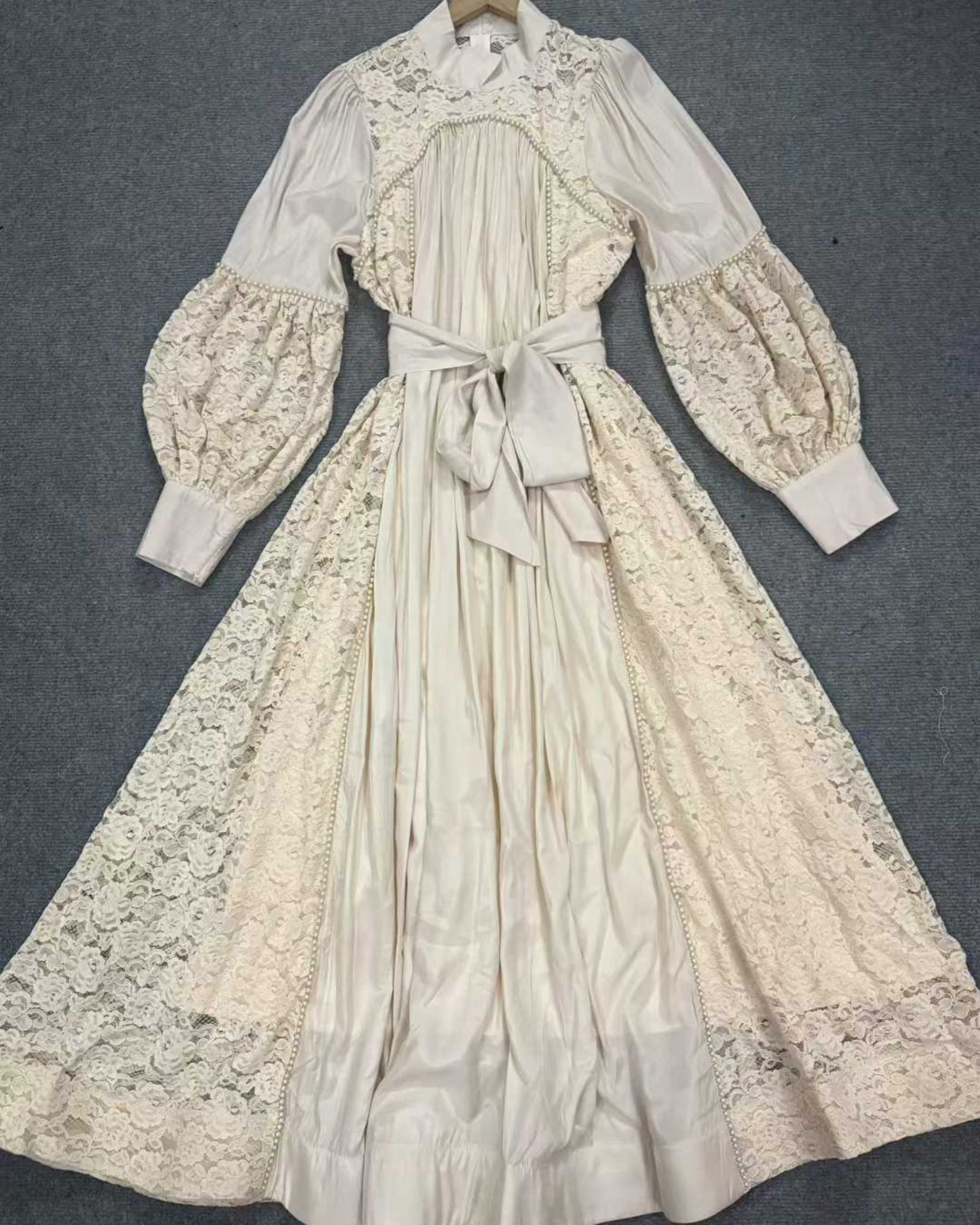 Apricot Lace Beaded Belted Maxi Dress