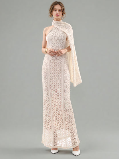 Apricot Lace Halter Maxi Dress with Scarf Detail