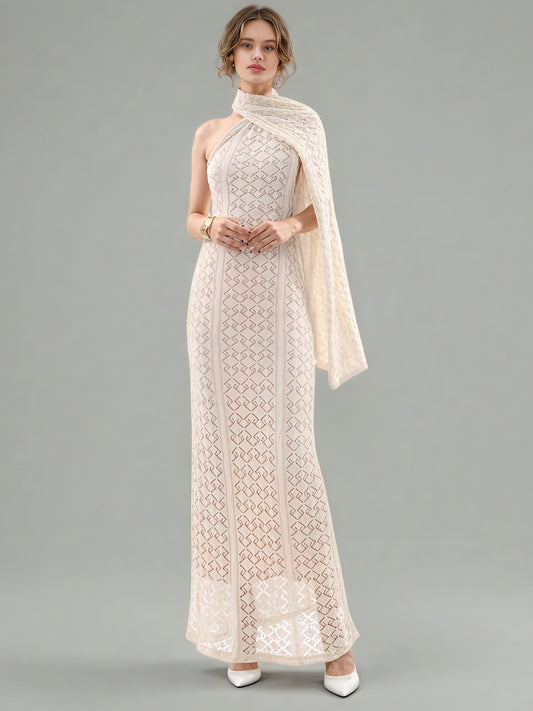Apricot Lace Halter Maxi Dress with Scarf Detail
