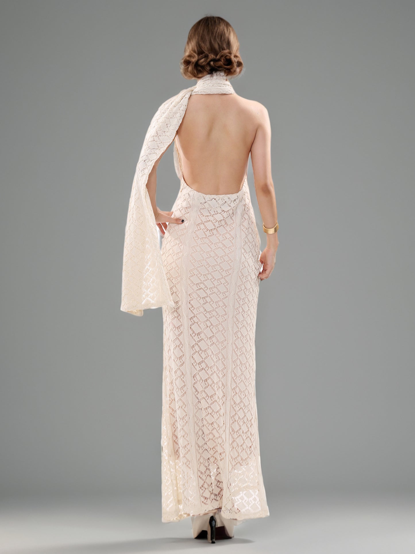 Apricot Lace Halter Maxi Dress with Scarf Detail
