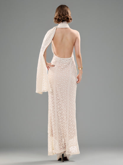 Apricot Lace Halter Maxi Dress with Scarf Detail