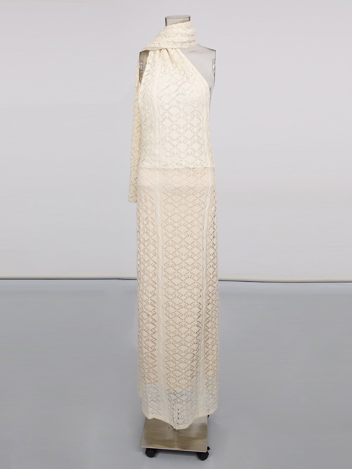 Apricot Lace Halter Maxi Dress with Scarf Detail