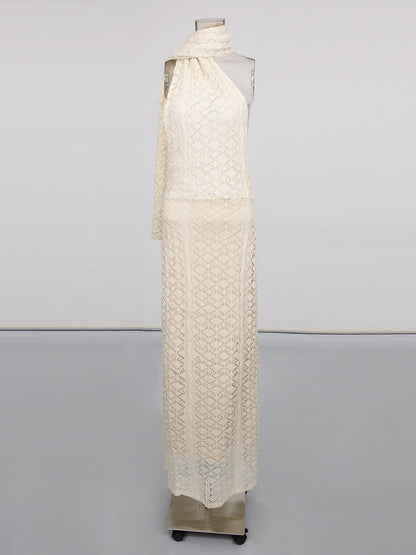 Apricot Lace Halter Maxi Dress with Scarf Detail