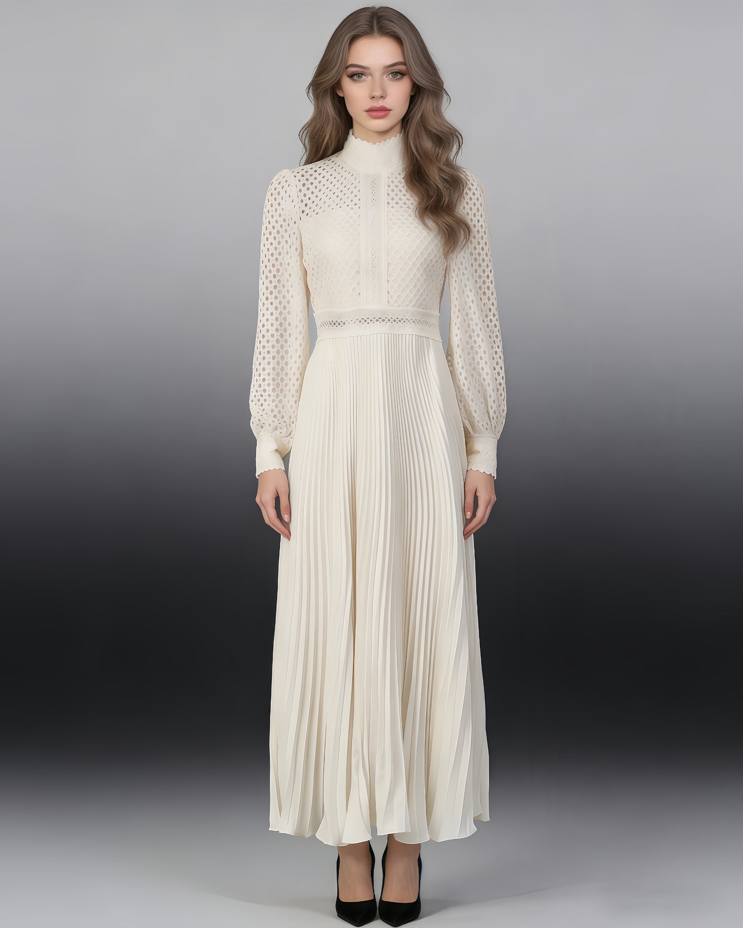 Apricot Lace Pleated Midi Dress