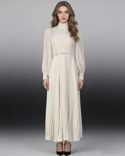 Apricot Lace Pleated Midi Dress