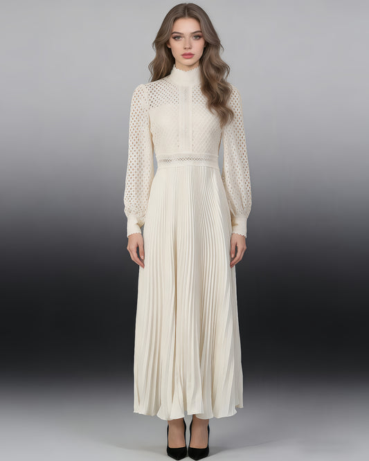 Apricot Lace Pleated Midi Dress