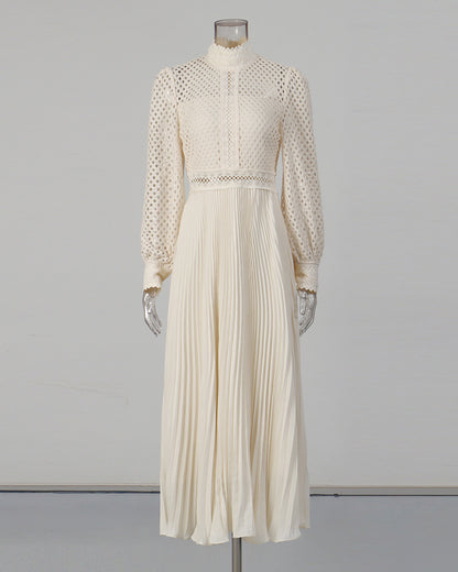 Apricot Lace Pleated Midi Dress