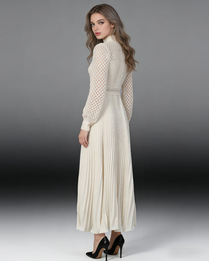 Apricot Lace Pleated Midi Dress